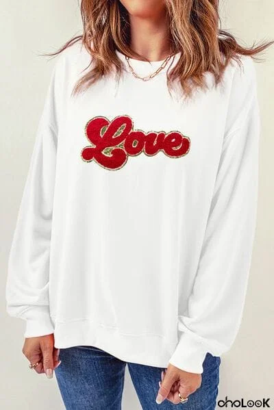 LOVE Embroidered Round Neck Dropped Shoulder Sweatshirt