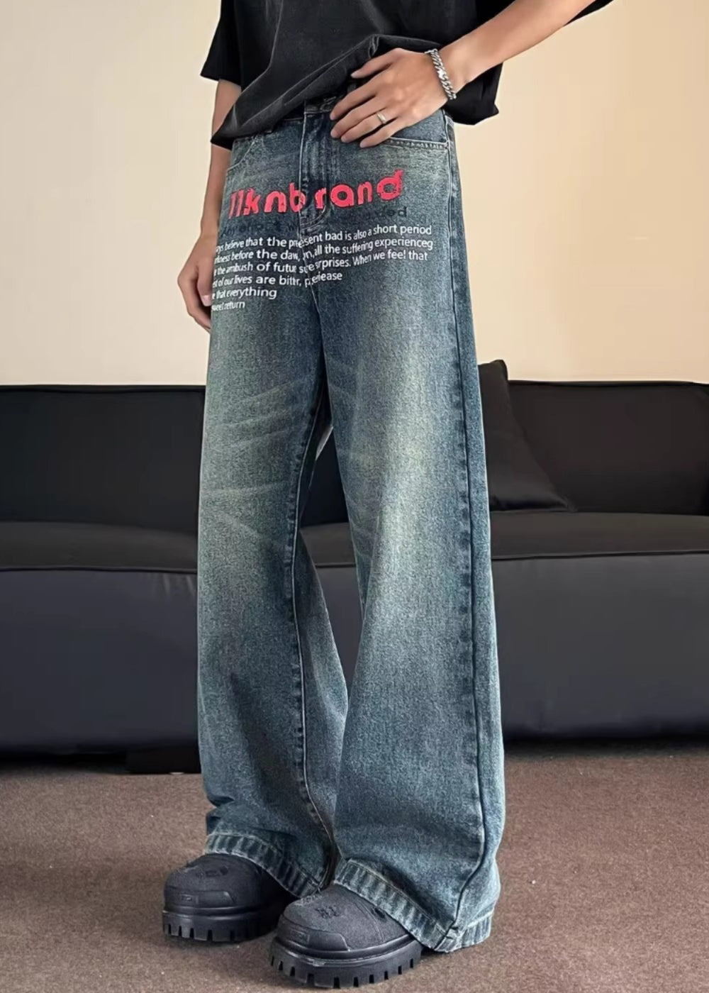 VCSHOES Blue Pockets Graphic Men Straight Jeans