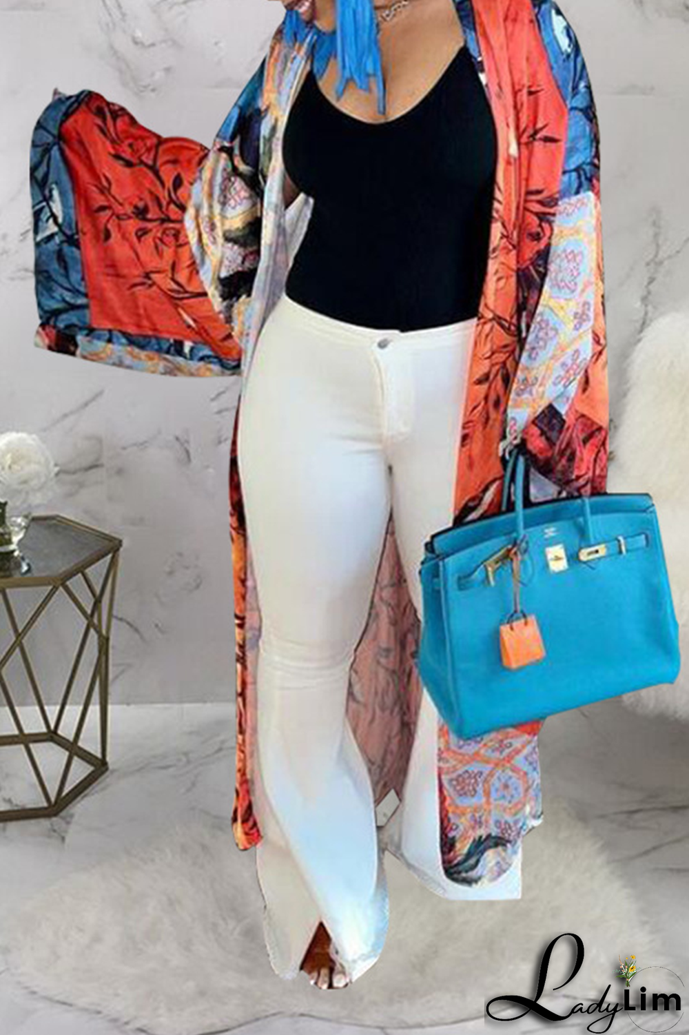 Black Fashion Print Patchwork Cardigan Collar Outerwear(Without belt)