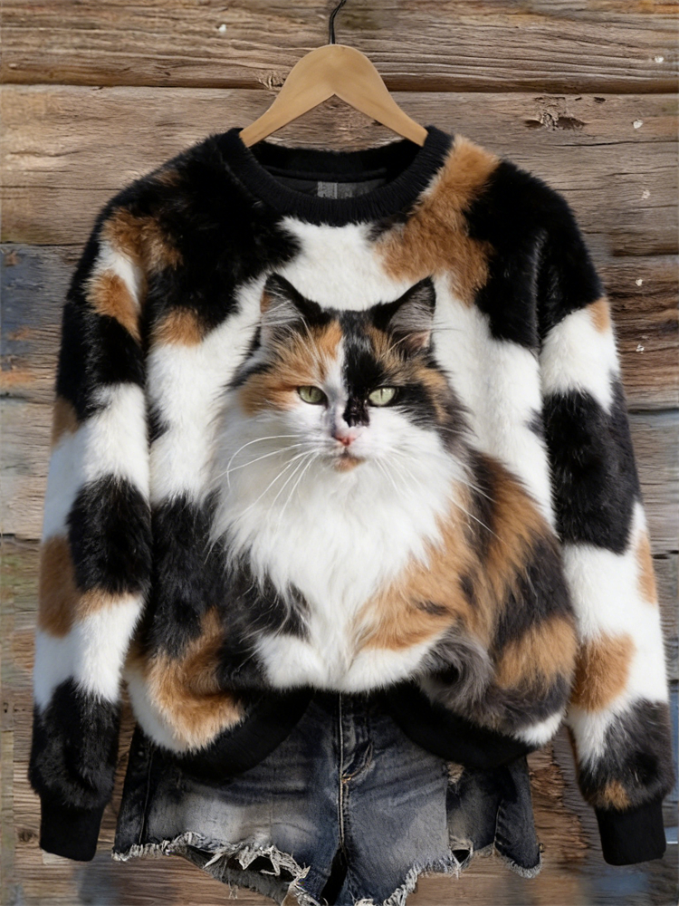 Fuzzy Calico Cat & Pattern Cozy Plush Sweatshirt wearshes