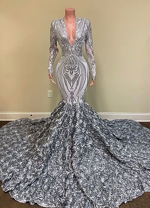 Silver Sequins Lace V-Neck Long Sleeves Prom Dress Mermaid With Flowers Bottom | Ballbellas Ballbellas