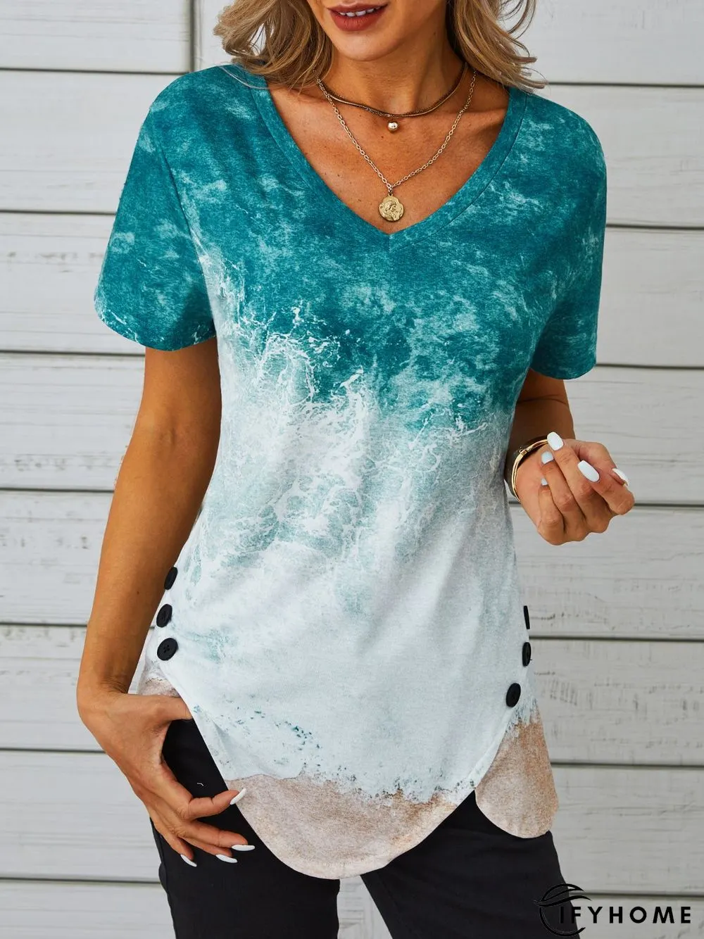 V Neck Vacation Regular Fit Short Sleeve T-Shirt | IFYHOME