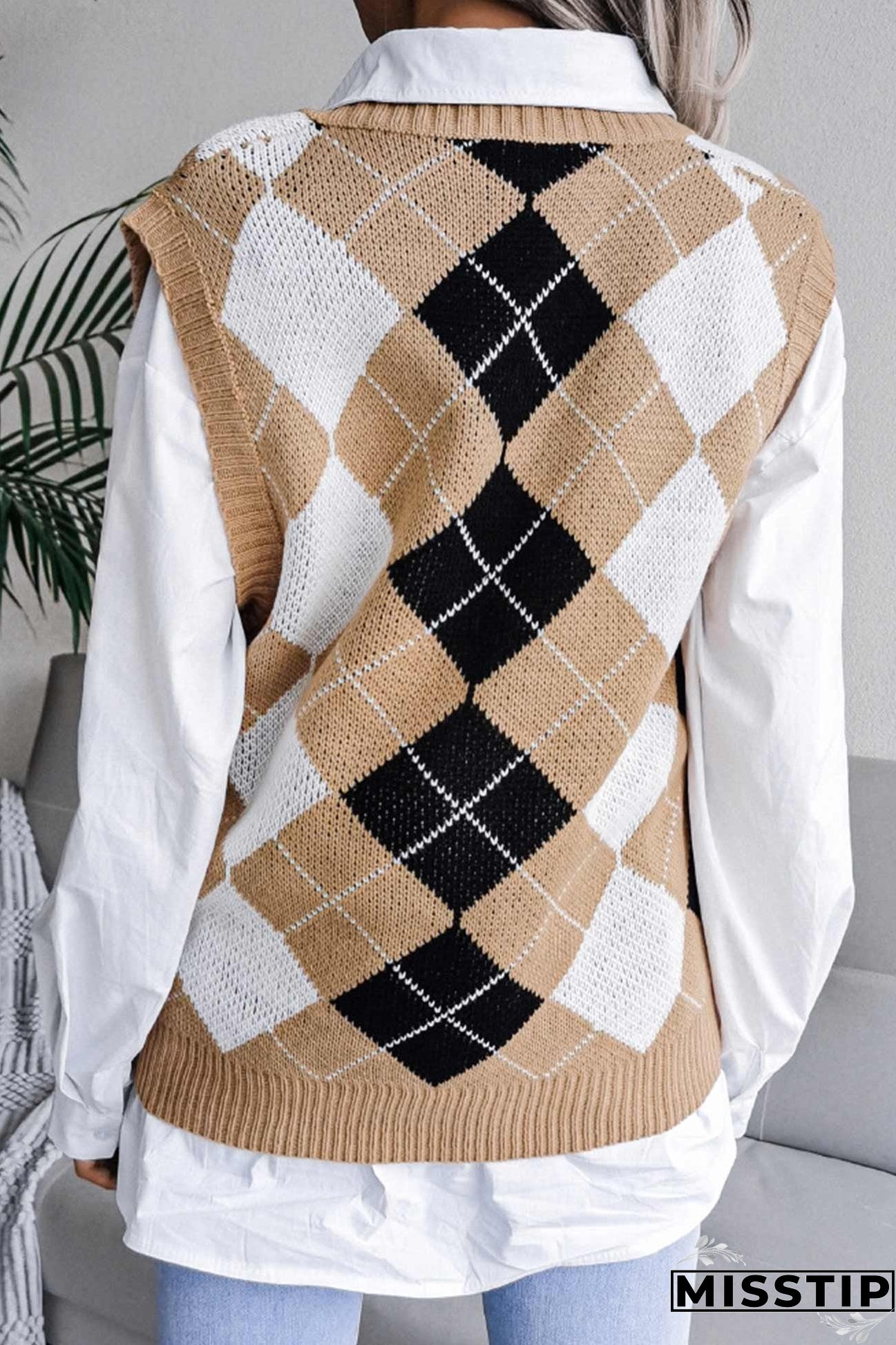 V Neck Checked Knit Tank Sweater