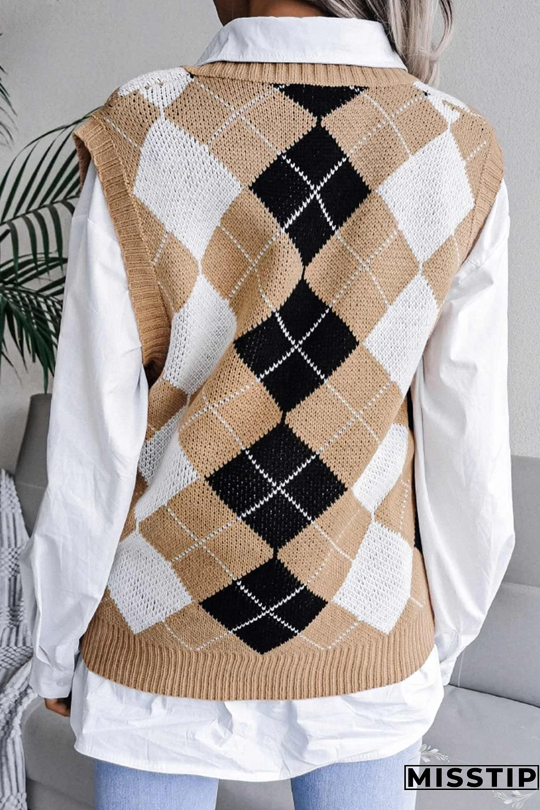 V Neck Checked Knit Tank Sweater