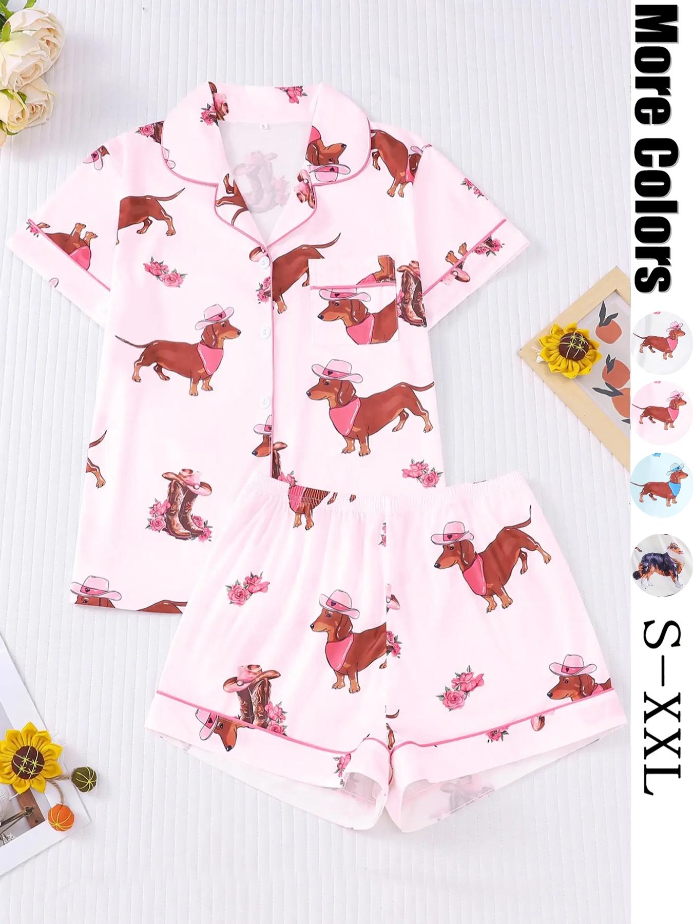 Women's All Over Dachshund Print Shirt & Elastic Waist Shorts Pyjama Two-piece Set, Matching Pj Set, Casual Comfy Short Sleeve Collared Top & Shorts PJ Set, Ladies Sleepwear for All Seasons, Loungewear, Sleep Pajamas Shorts