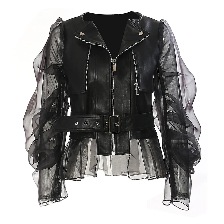 Stylish Patchwork Mesh See-through Leather Biker Jacket