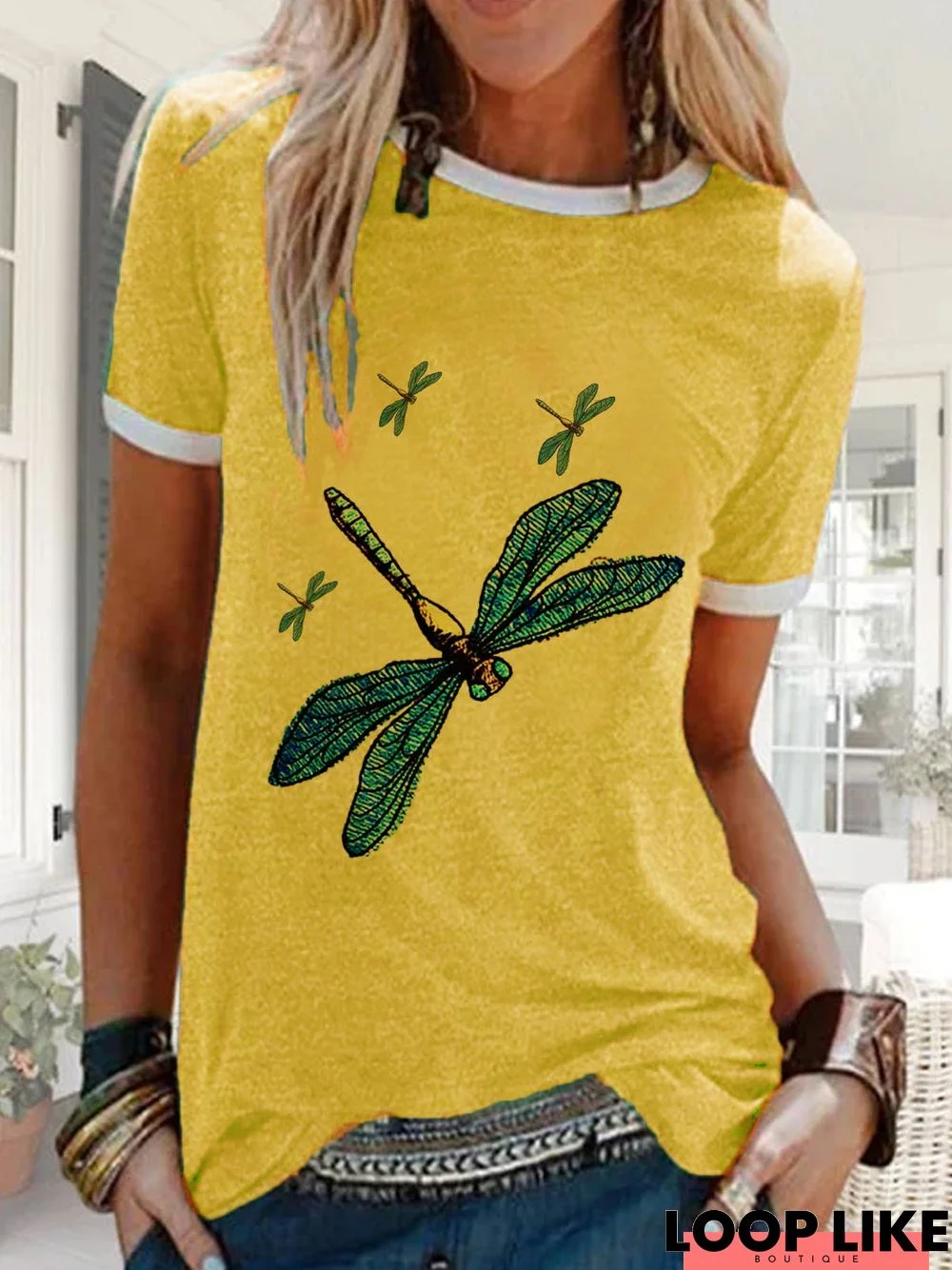 Yellow Cotton Short Sleeve Printed Patchwork T-shirt