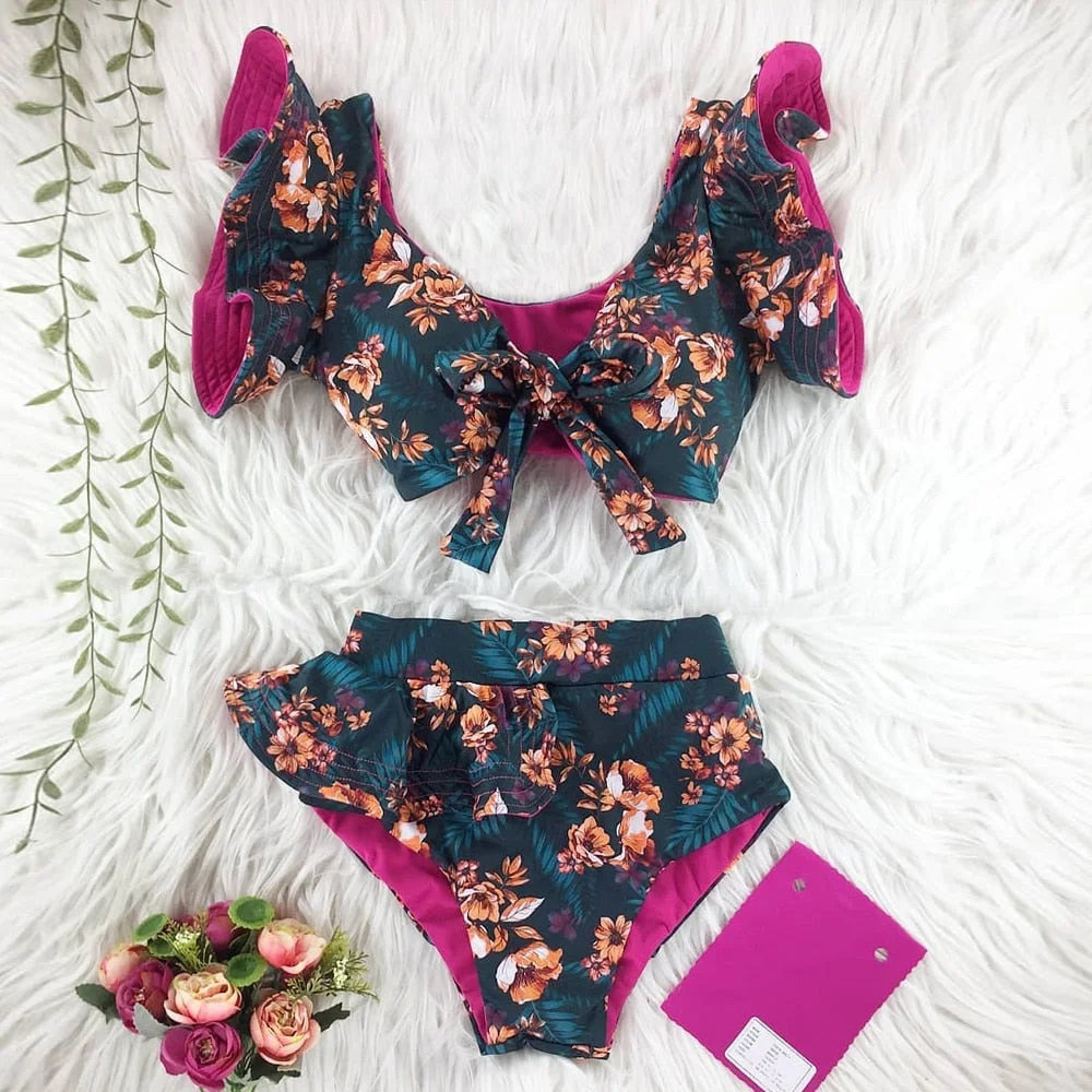 Two-Pieces Women Floral 2020 Push-Up Padded Bra Ruffles Bandage Bikini Set Swimsuit Swimwear Bathing Suit Beachwear Biquini