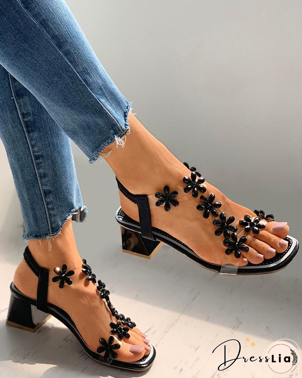 Floral Pattern Open Toe Clear Perspex Chunky Heels