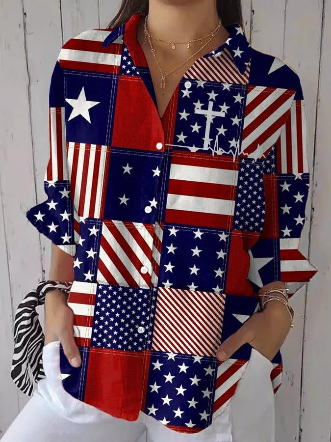 Women 3/4 Sleeve Shirt Collar National Flag Printed Graphic Button Tops