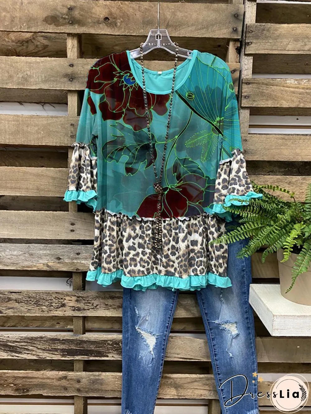 Leopard Floral Crew Neck Shift Jersey Pastoral T-shirt