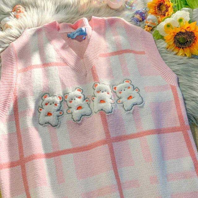 Harajuku Plaid Preppy Style Cute Bear V-neck Sleeveless Sweater BE158