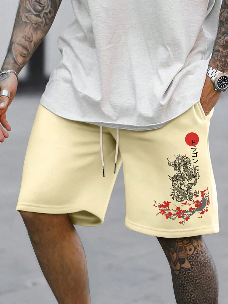 Men's Japanese Art Dragon Print Drawstring Casual Shorts