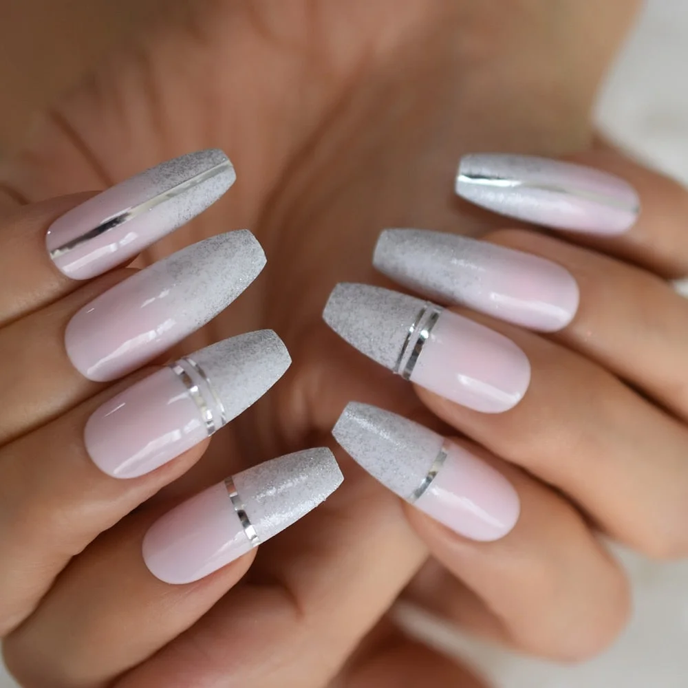 Fadeing Nails Glossy Cutting Line Simple Design Glitter Full Cover Nails Press On Nails Tips Coffin Extra Long Supplies For Gels-Nail Inspo