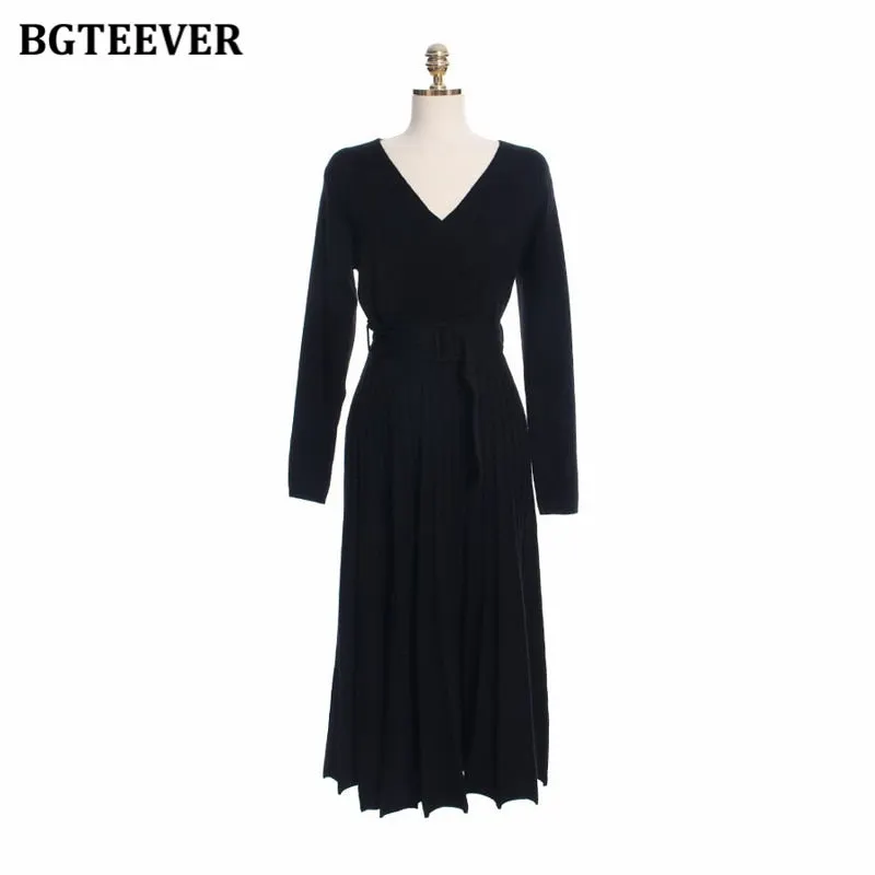 BGTEEVER Elegant V-neck Thick Warm Women Knitted Pleated Dress Long Sleeve Belted Sashes Ladies Sweater Dress 2020 Autumn Winter