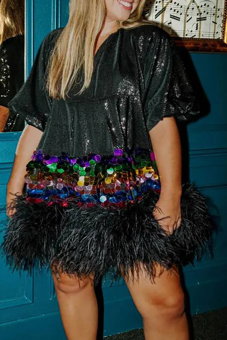 Plus Size Black Party Sequin Feather Mini Dresses 