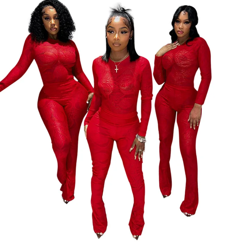 Uveng Uveng Women's 2023 Autumn And Winter New Fashion Lace Hollow Perspective Trousers Set