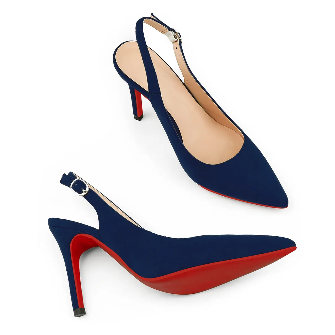 85mm Mid Heels for Women Slingback Pumps Sandals Pointed Toe Pumps Red Bottoms Suede Shoes-MERUMOTE