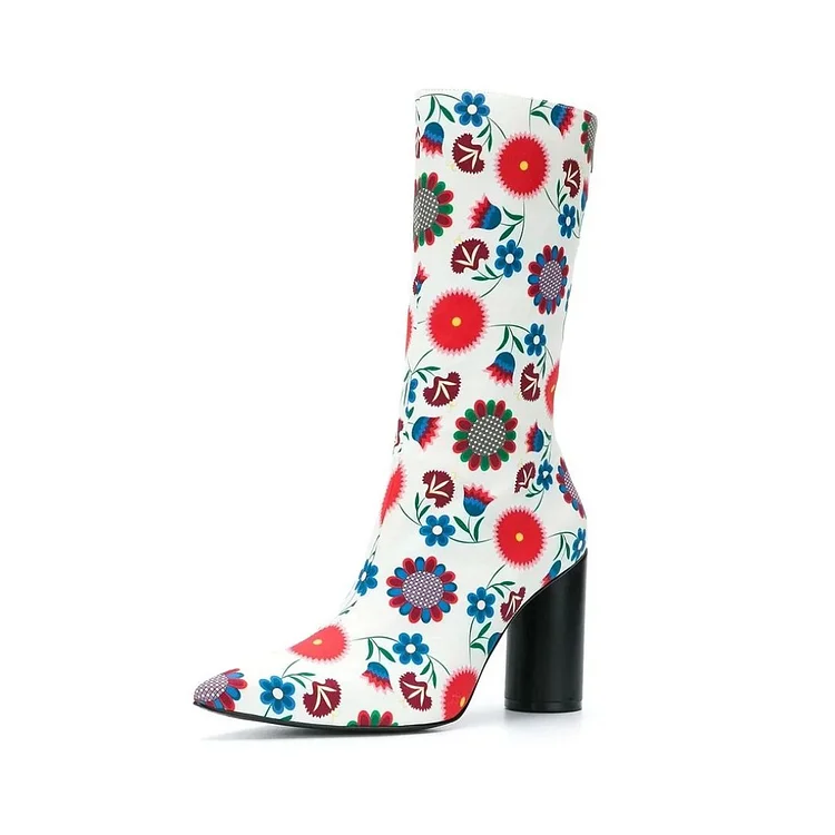 White Floral Print Chunky Heel Mid-Calf Boots for Women |FSJ Shoes