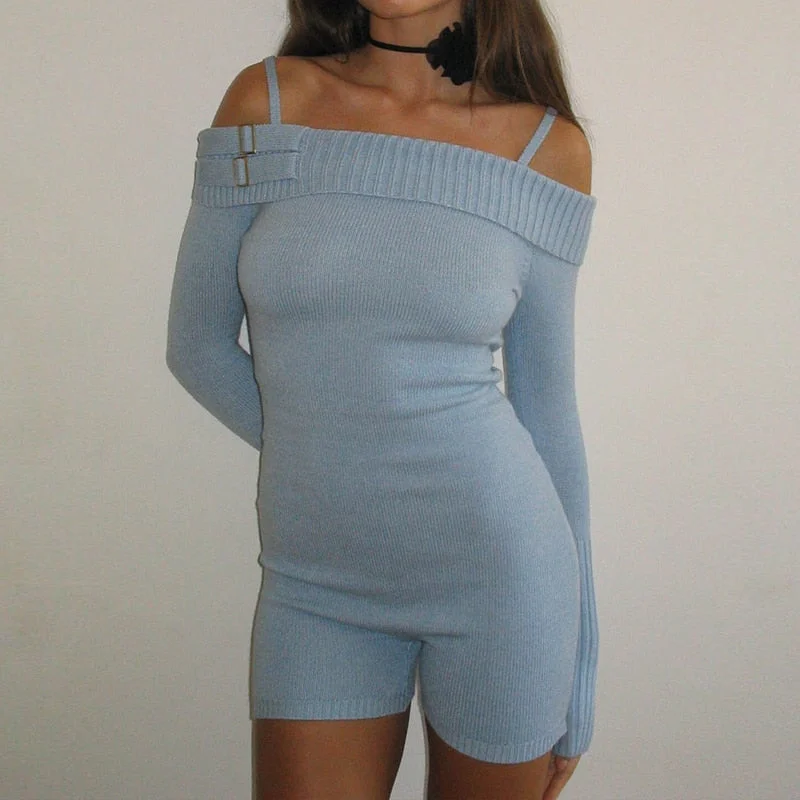 Uforever21  Spring Autumn Knitted Playsuit Rompers Solid Color Long Sleeve Off Shoulder Slim Fit Bodycon Women Casual Fashion Overalls