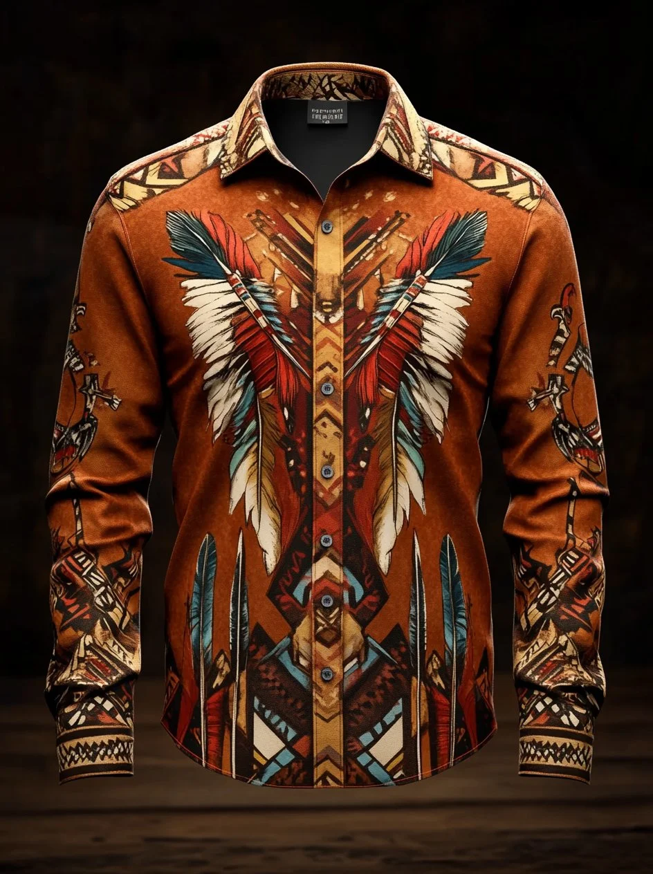 Men's Western Retro Tribal Totem Print Long Sleeve Shirt 