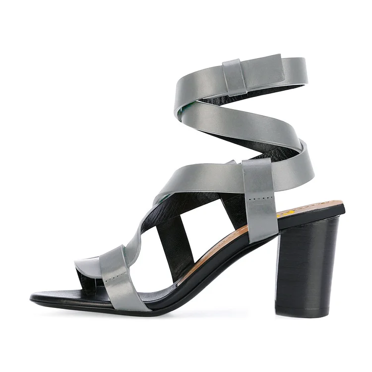 Grey Strappy Sandals Toe-knob Block Heels |FSJ Shoes