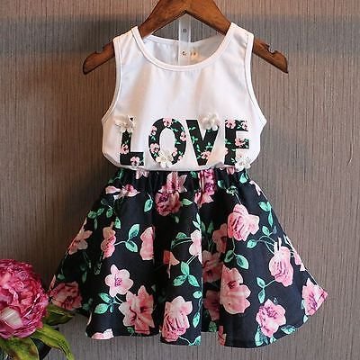 2016 2PCS  Kids Baby Girls Toddler T-shirt Tank Tops and  Skirt Dress Set Outfits Clothes