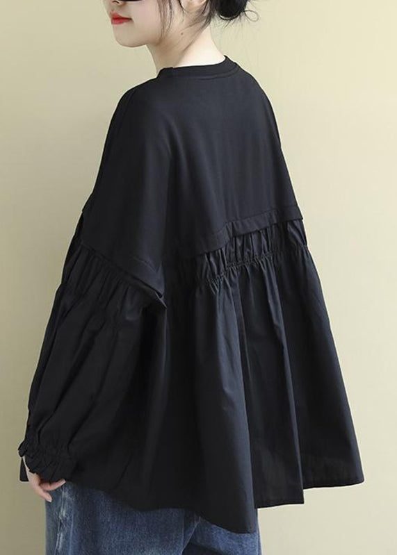 VCSHOES Loose Black O-Neck Patchwork Button Cotton Top Long Sleeve