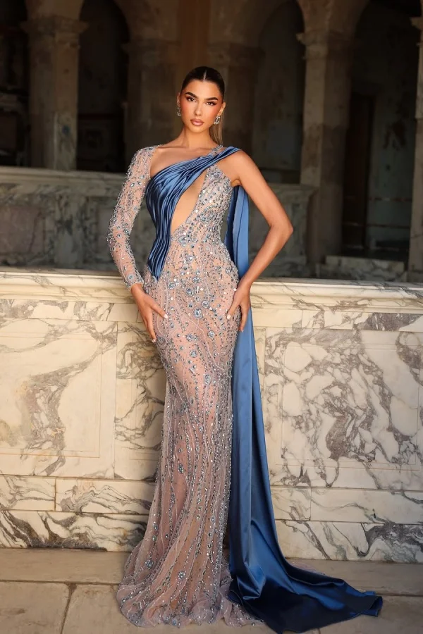 Exquisite One Sleeve Beadings Mermaid Prom Dress With Side Train YK0106