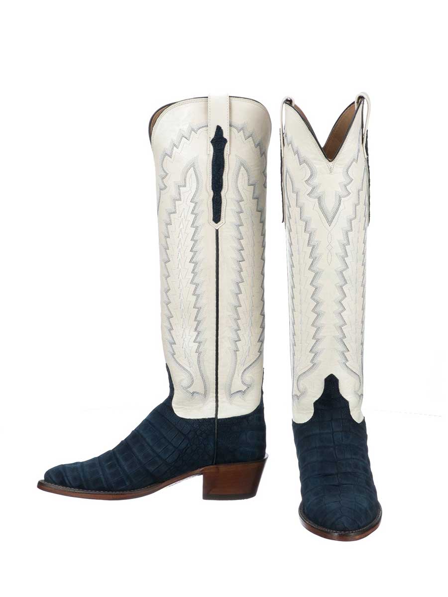White Embroidered Blue Croc-Embossed Pointed Knee High Boots  