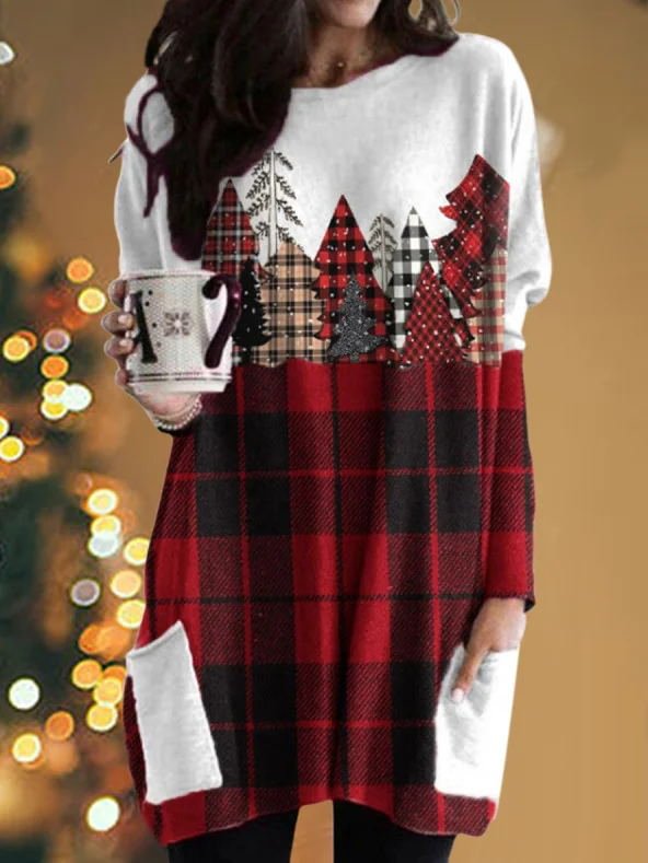 Tartan Check Christmas Tree Print Casual Long Sleeve Tee