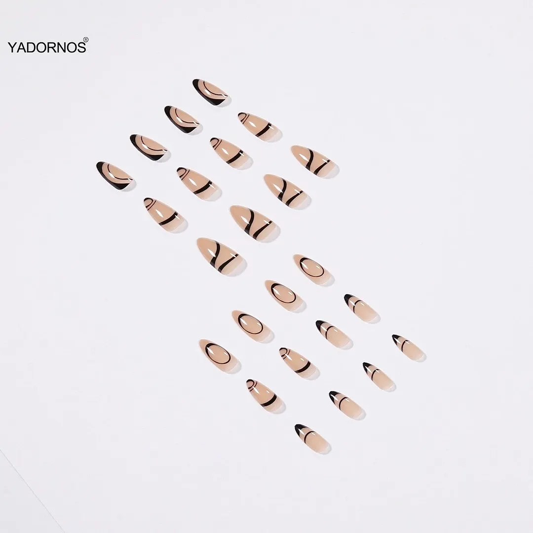 24PCS Black Lines Nail Patch Sweet Style Removable Long Paragraph Manicure Save Time Glue Type False Nail Patch TY-Nail Inspo