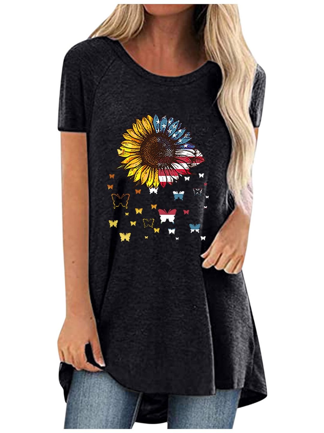 Women Casual Short Sleeve Scoop Neck Sunflower Floral Printed Tops