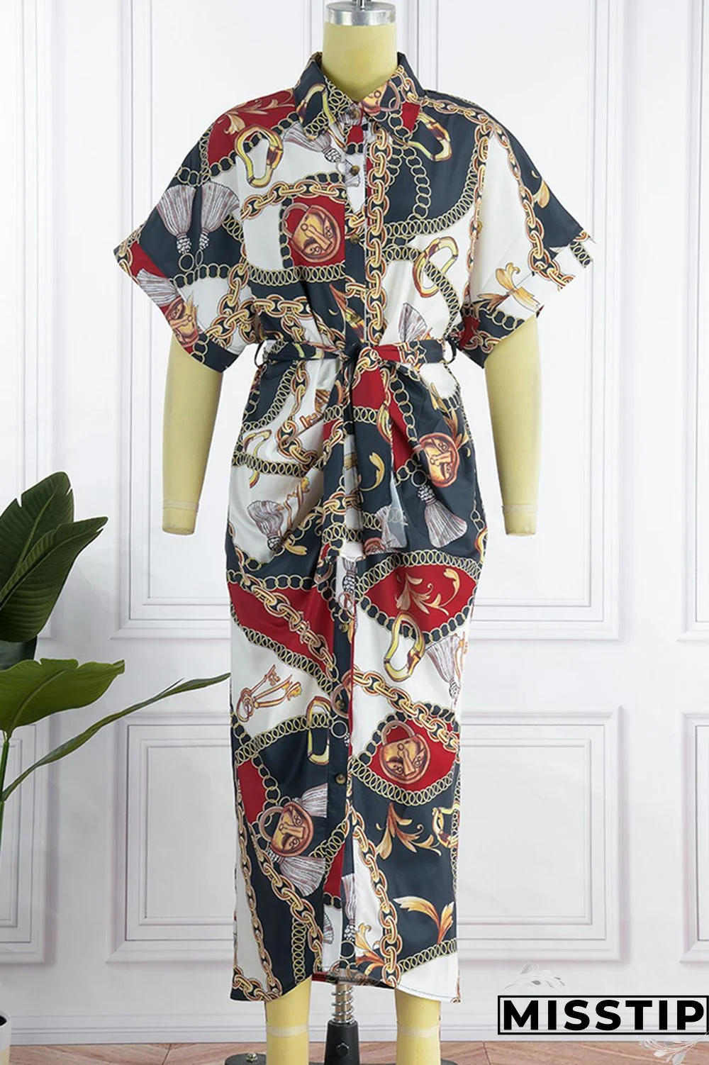 Blue Fashion Casual Print Patchwork Turndown Collar Shirt Dress