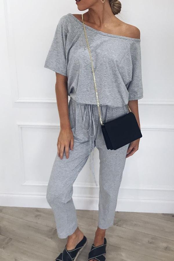 Womens Casual Plain Slash Neck Jumpsuit-Allyzone-Allyzone