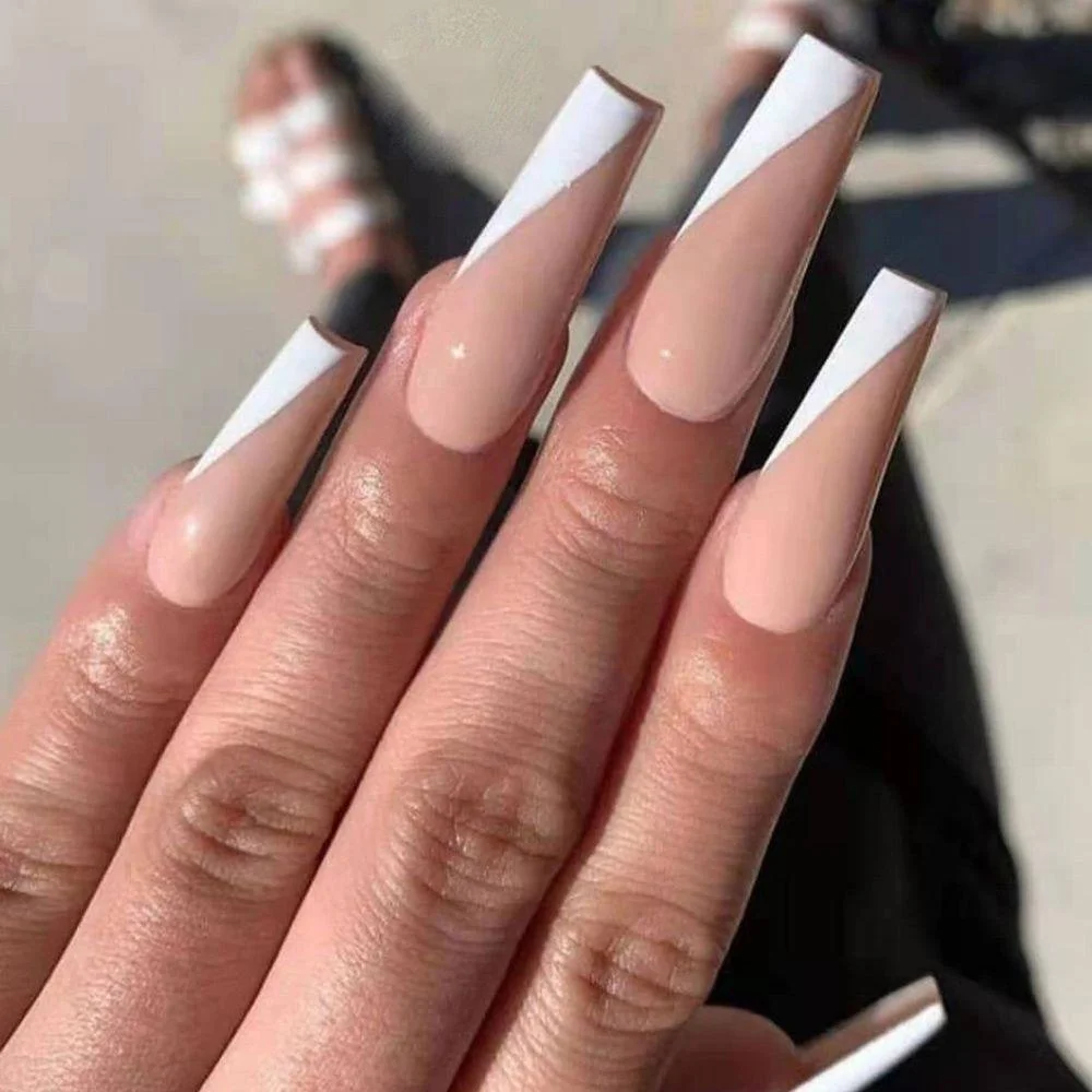 24Pcs Long Ballerina False Nail Love Pattern French Coffin Fake Nails Full Cover Wearable DIY Manicure Tools Press On Nails 1029-Nail Inspo