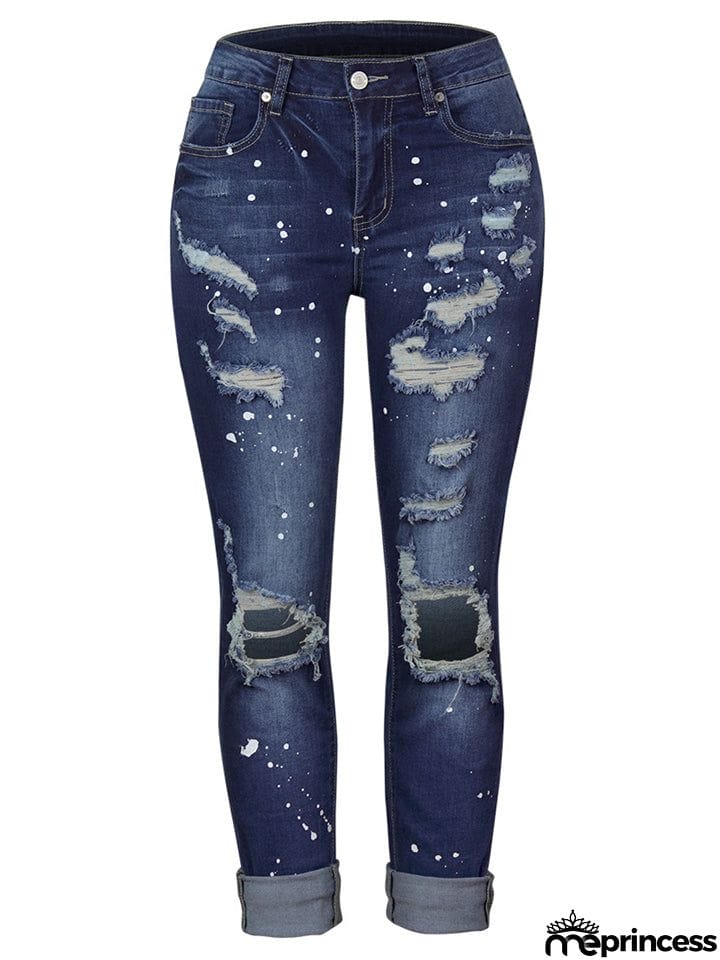 Women's Stretch Wash Effect Ripped Straight-Leg Street Style Jeans