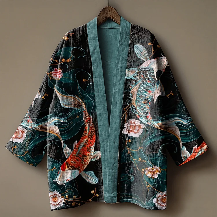 Japanese s two fish playing in the water embroidered linen kimono cardigan