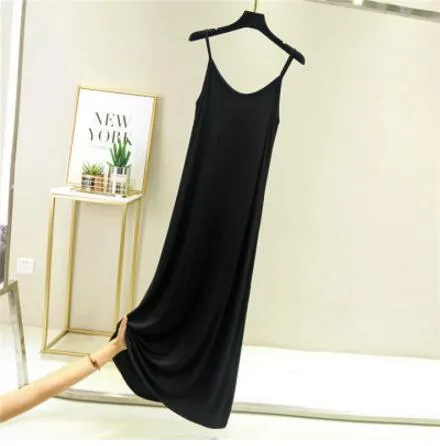 Vintage Solid Spaghetti Dress Women 2021 Elegant O Neck Long Sexy Modal Dresses Summer Autumn Korean Lady sleeveless Vestidos