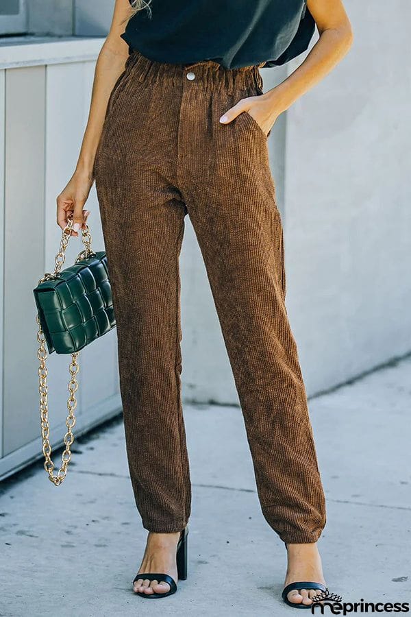 Pocketed Elastic Waistband Corduroy Pants