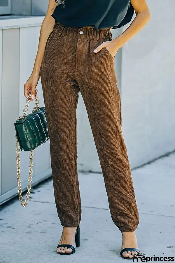 Pocketed Elastic Waistband Corduroy Pants
