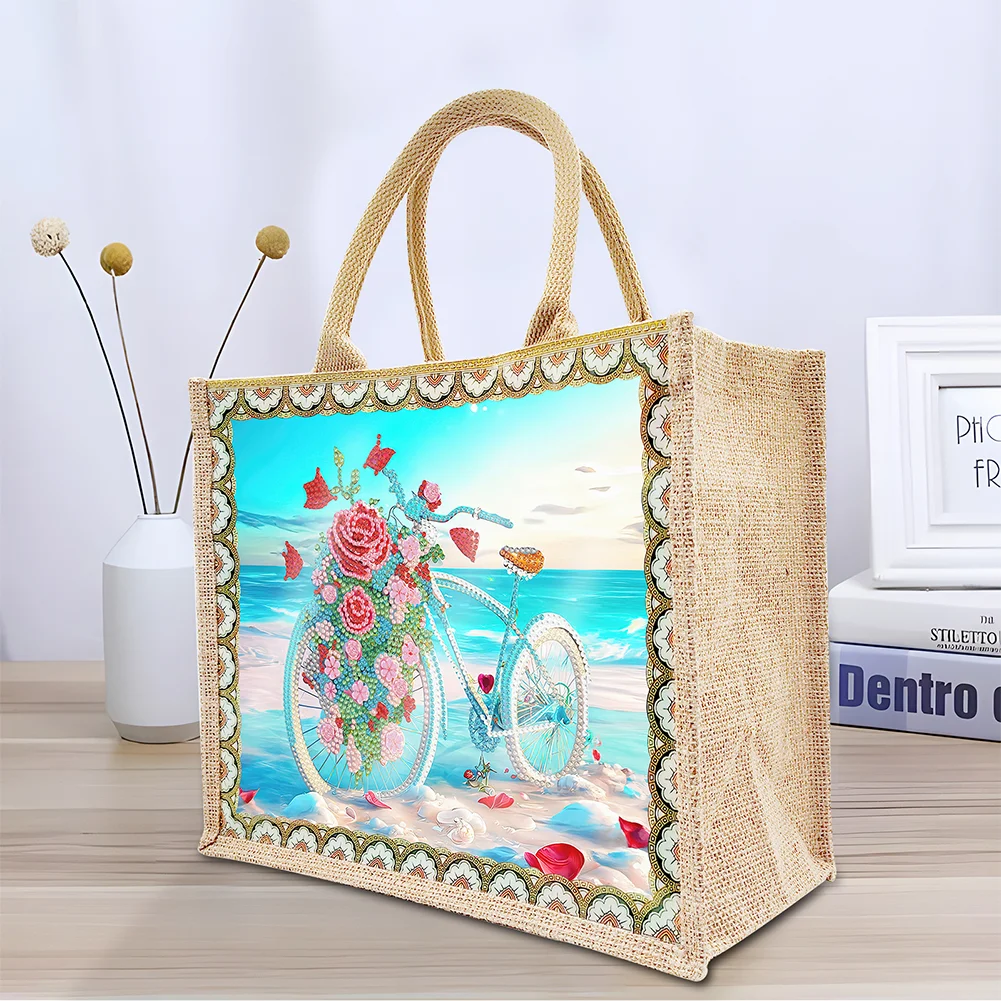 [Upgrade - Waterproof Bag]DIY Beach Bike Diamond Painting Tote Bag Replaceable Canvas for Women Adults