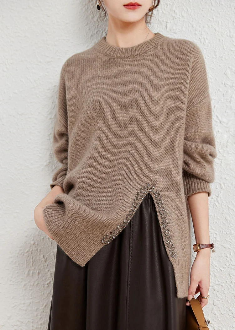 Stylish Camel Asymmetrical Design Wool Cotton Knit Sweater Long Sleeve