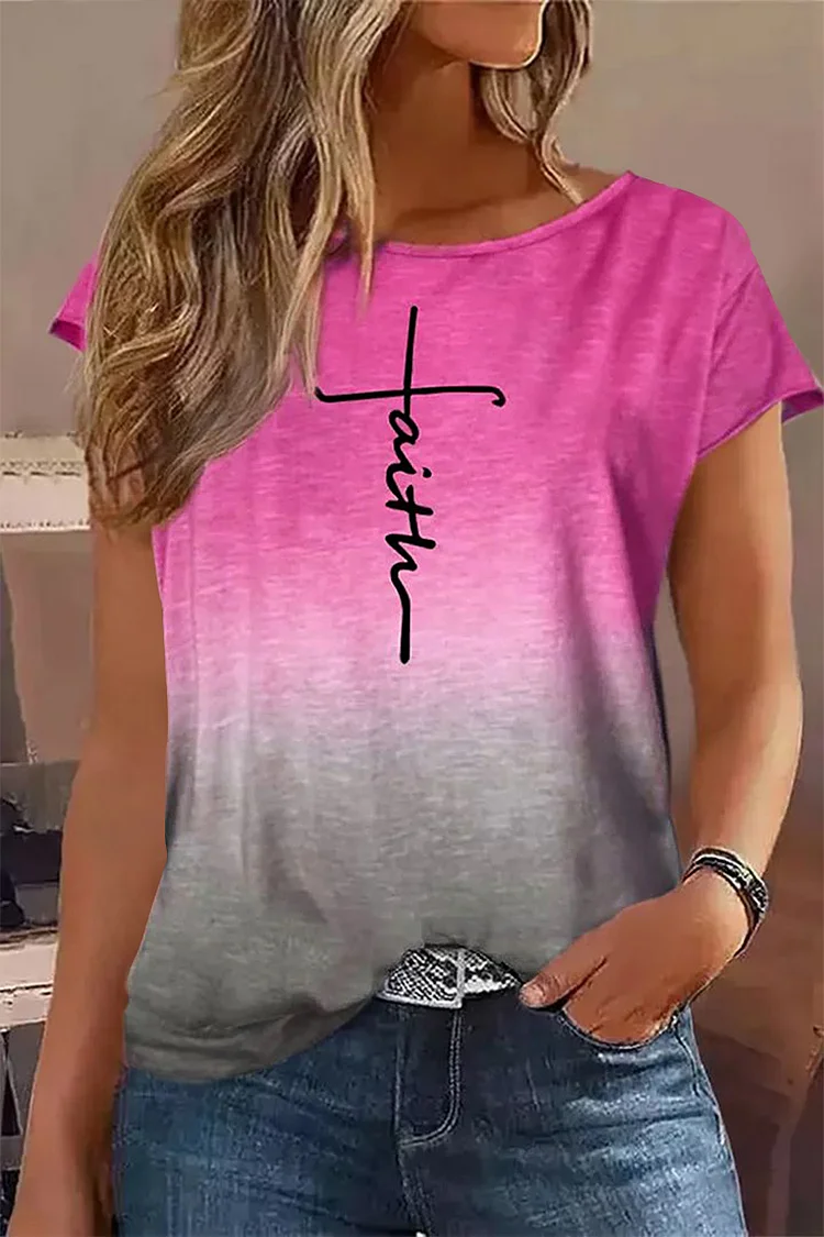 Ombre Letter Print Round Neck T-Shirt