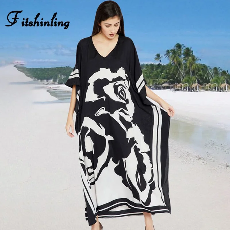 Fitshinling Print Floral Holiday Long Dress Beach Wear Oversized Batwing Sleeve Loose Cover-Up Boho V Neck Pareos Women 2020 New