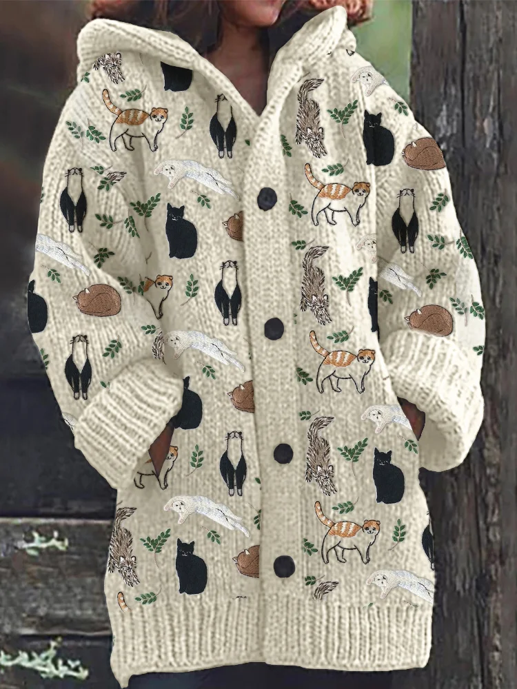 VChics Cats & Leaves Embroidery Pattern Cozy Hooded Cardigan
