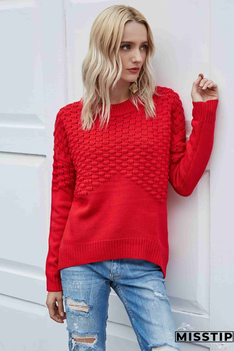 Pom-Pom Drop Shoulder Ribbed Trim Sweater