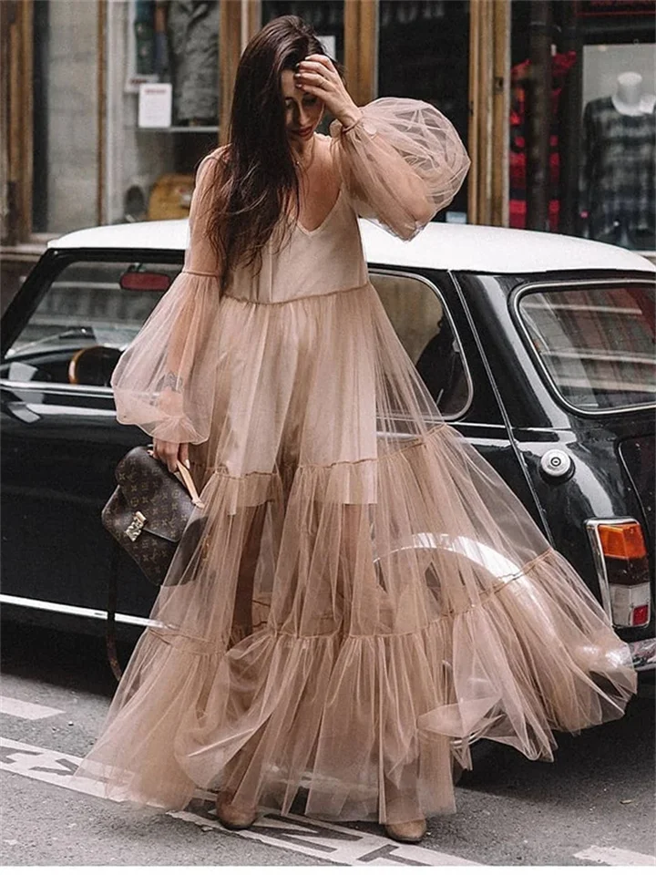 Summer New Women's V-neck High Waist Fashion Bubble Sleeve Mesh See-through Dress Elegant Wind Swing Type Long Dress-Cosfine
