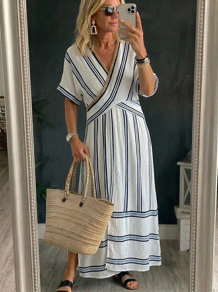 Women&rsquo;s Casual Summer Short Sleeve Stripe Cotton Maxi Dress