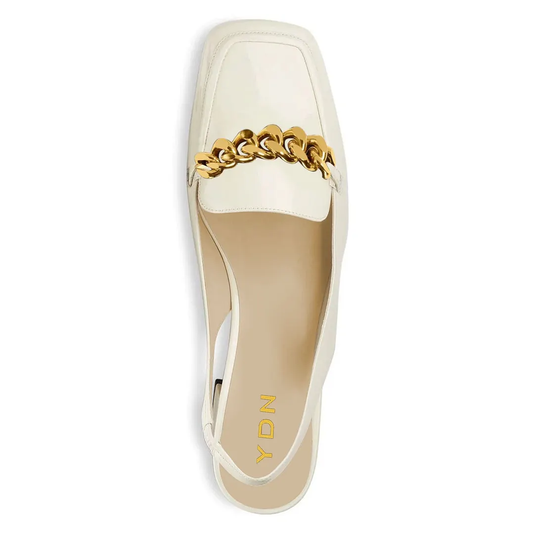 Patent Leather Square Toe Chain Block Heel Slingback Shoes in Ivory